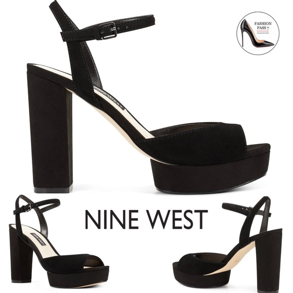 Nine West Shoes - NINE WEST Gail Black Suede Leather Platform Block Heel Pump Ankle Strap Sandal 9